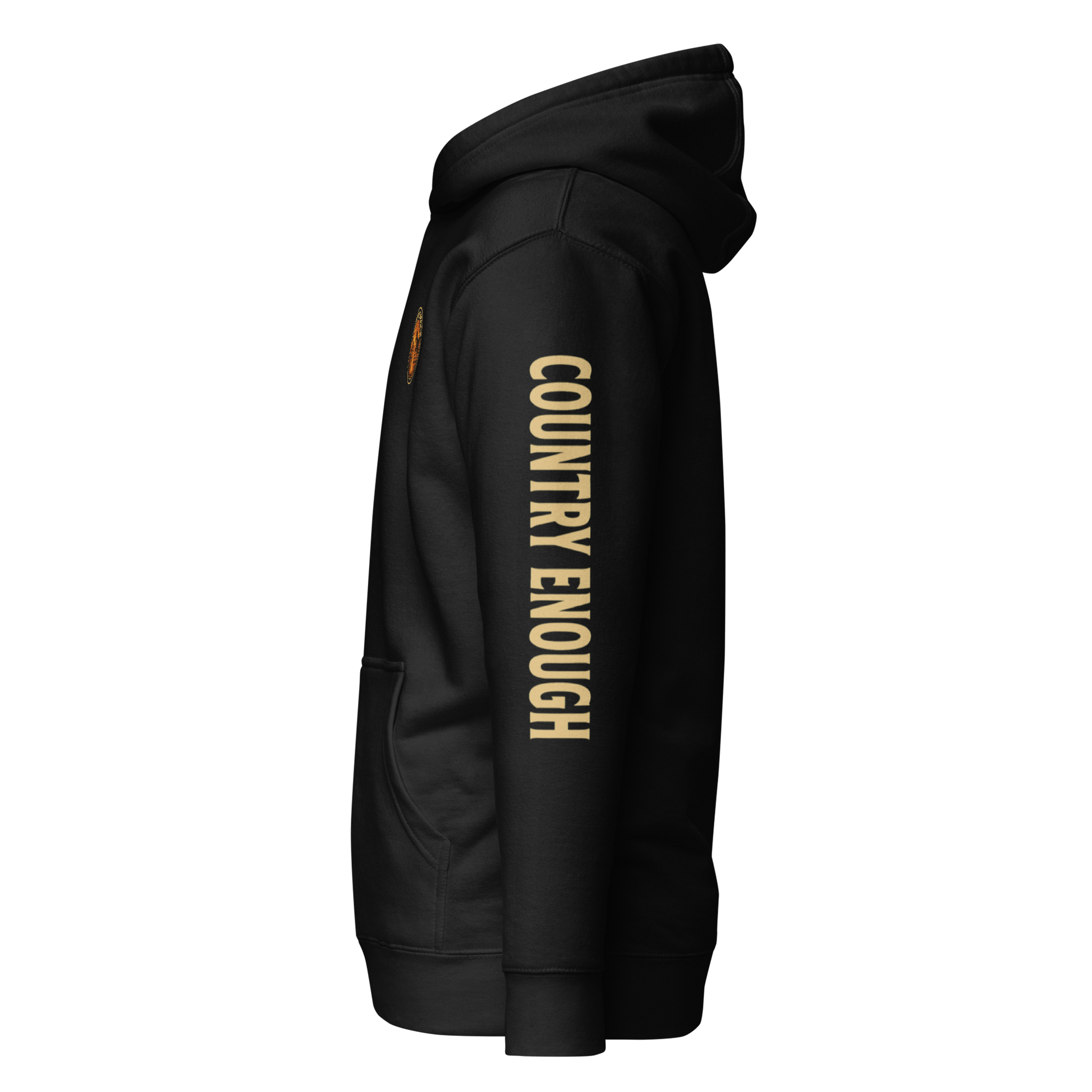 Black hoodie with circular graphic of a cowboy, horse, campfire, sun, cacti and desert landscape with words country enough #black