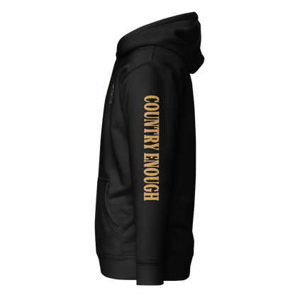 Black hoodie with circular graphic of a bison, starry sky, and the words country enough and hold the range #black