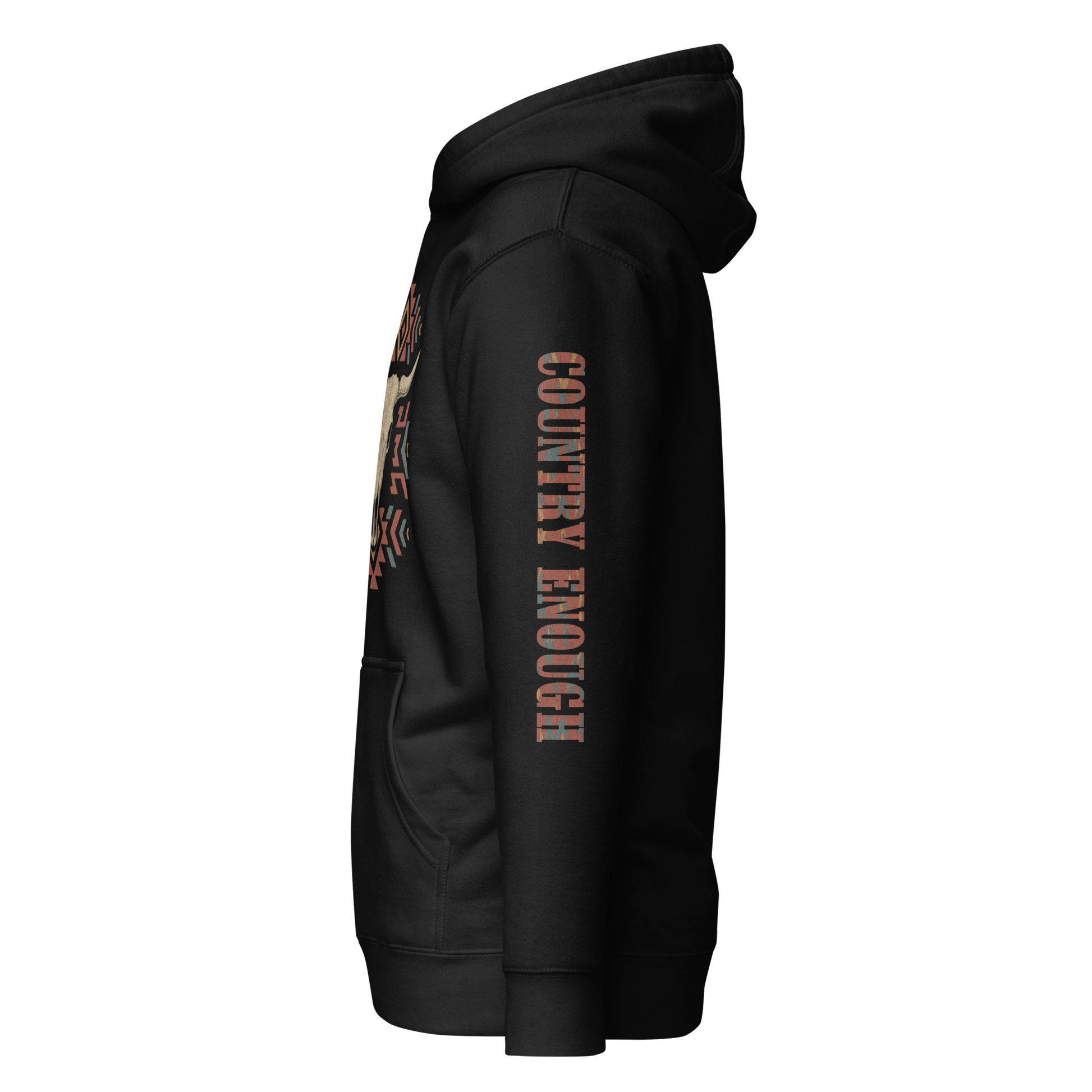 Black hoodie with graphic of aztec patter, bull skull, and the words country enough #black