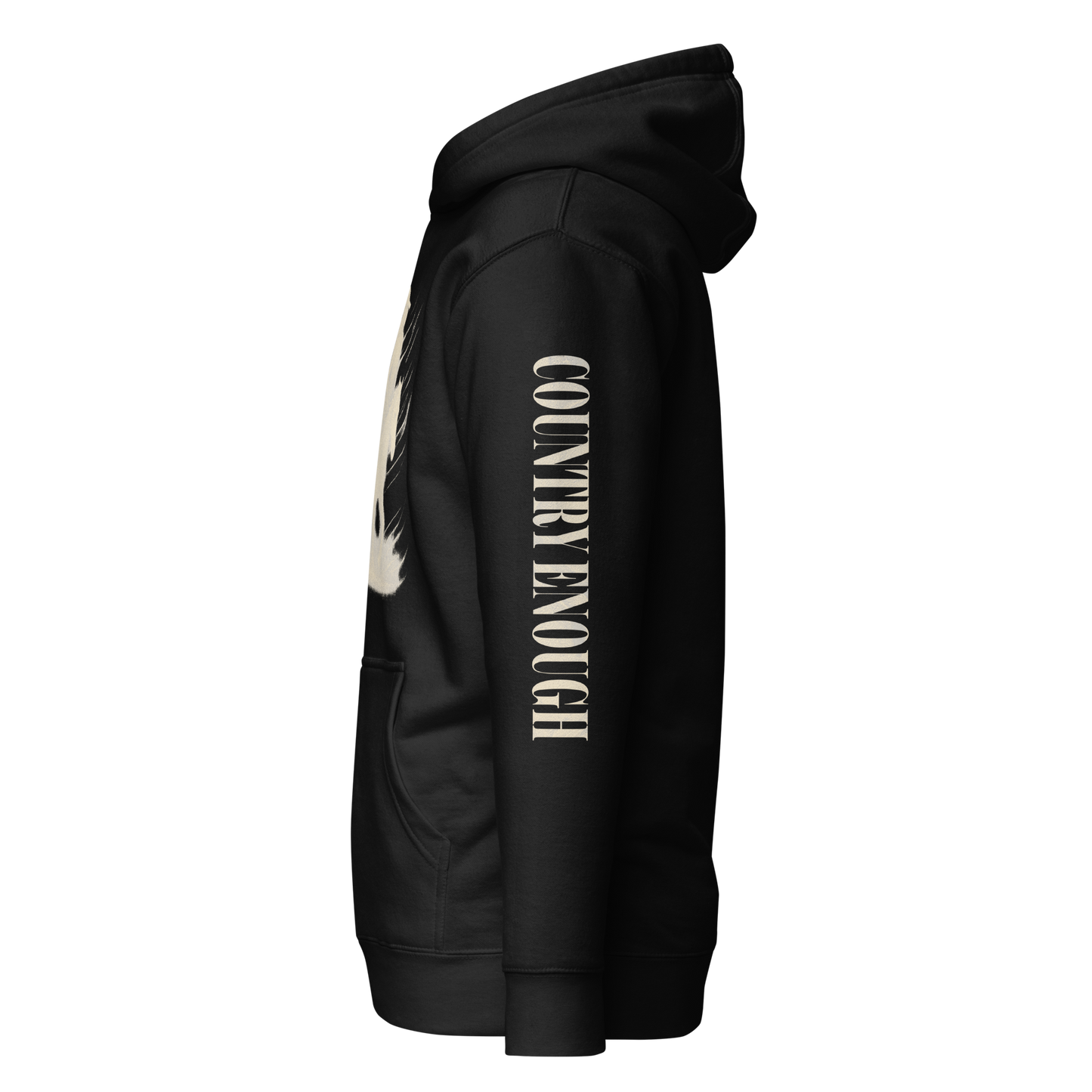 Black hoodie with graphic of a cowgirl silhouette in a light pink color with words country enough #black