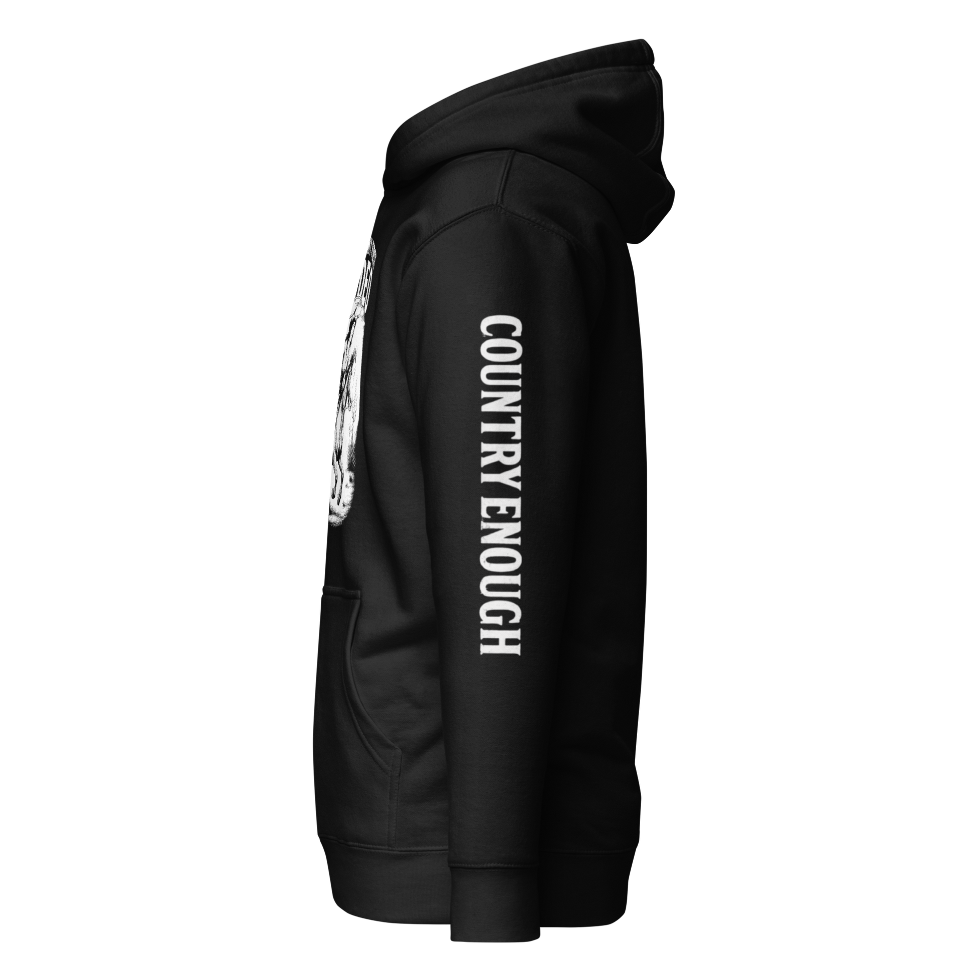 Black hoodie with graphic of cowgirl and horse, western landscape, and words this ain't my first rodeo #black