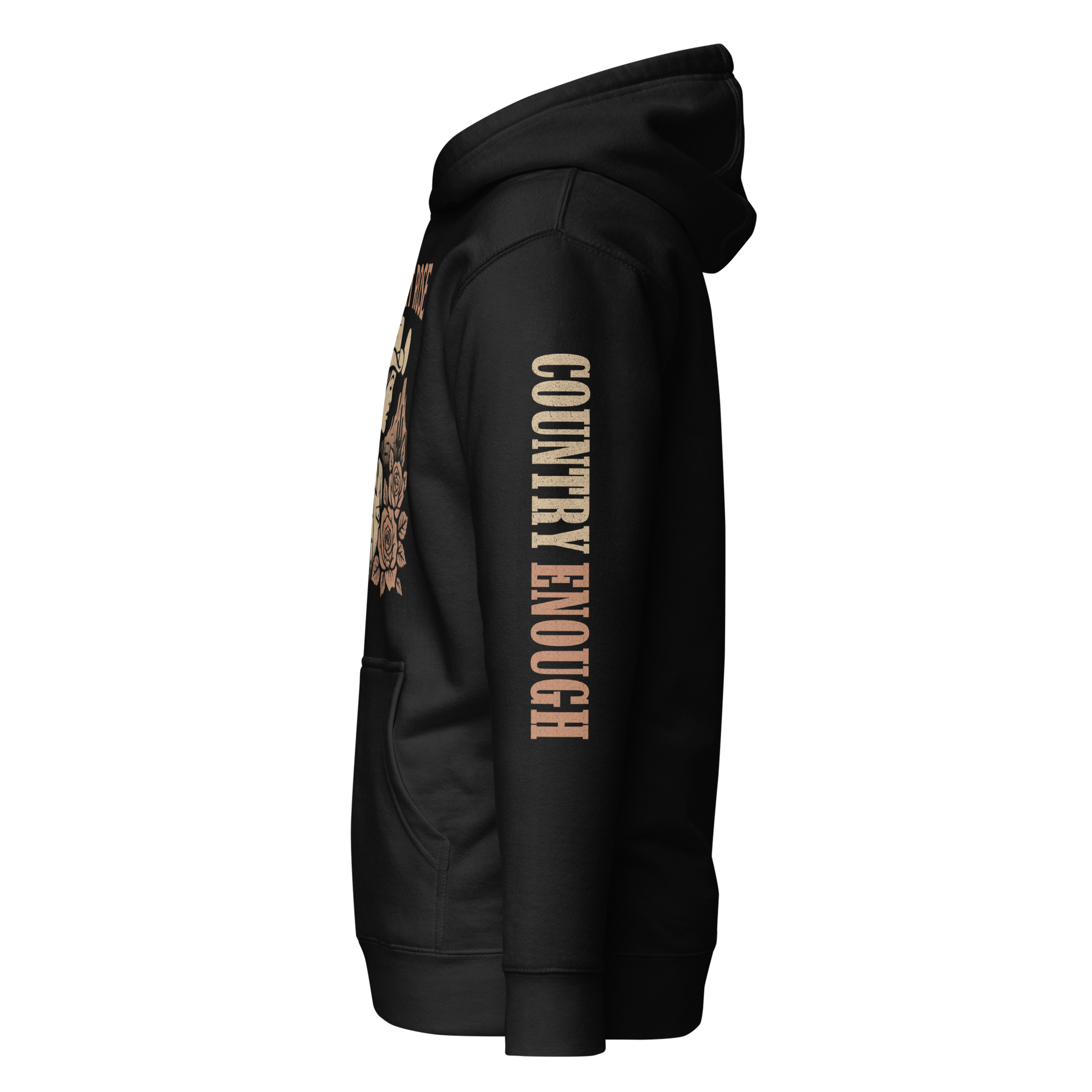 Black hoodie with graphic of cowgirl, roses, sun, and desert landscape #black