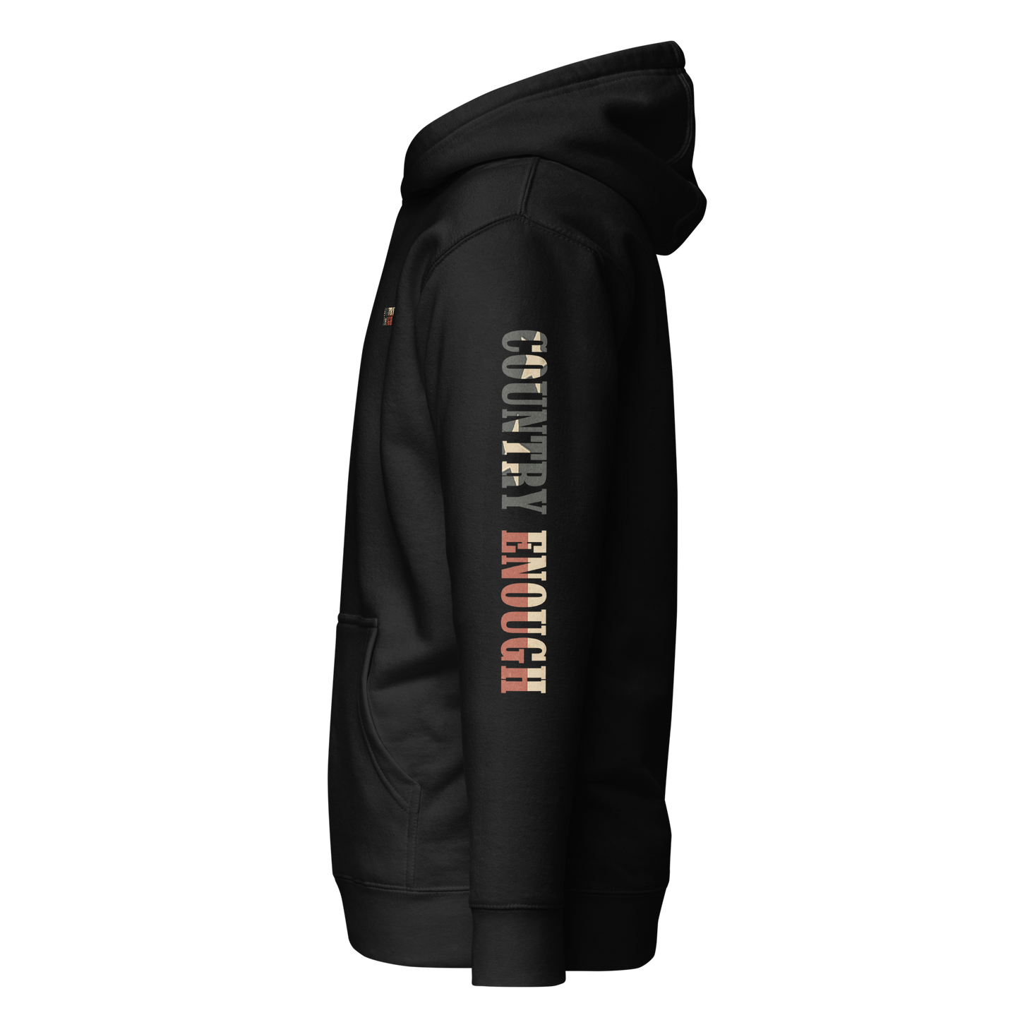 Black hoodie with graphic of the words country enough filled with the American flag #black