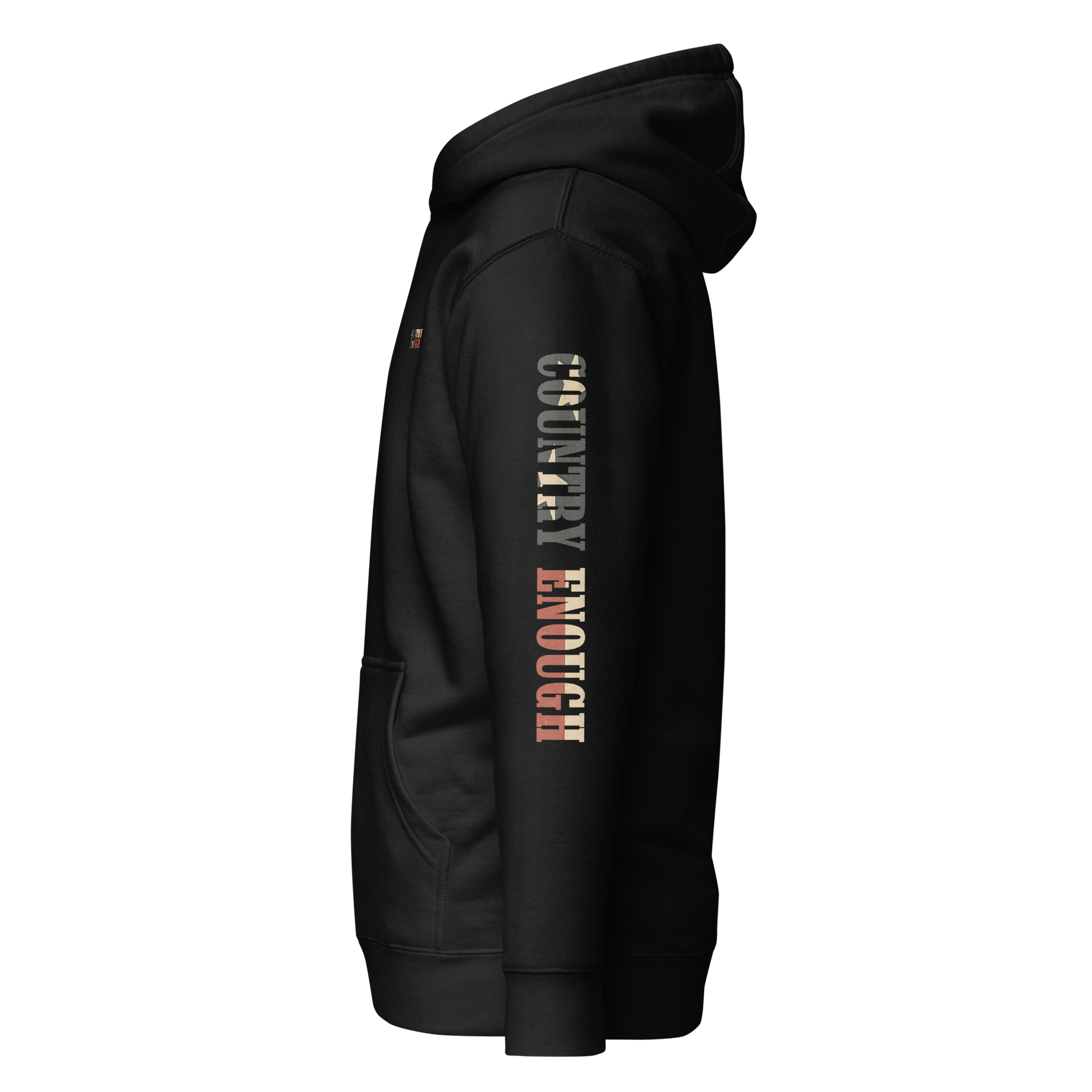 Black hoodie with graphic of the words country enough filled with the American flag #black