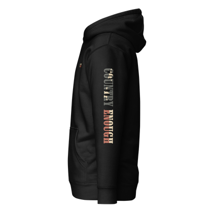 Black hoodie with graphic of the words country enough filled with the American flag #black