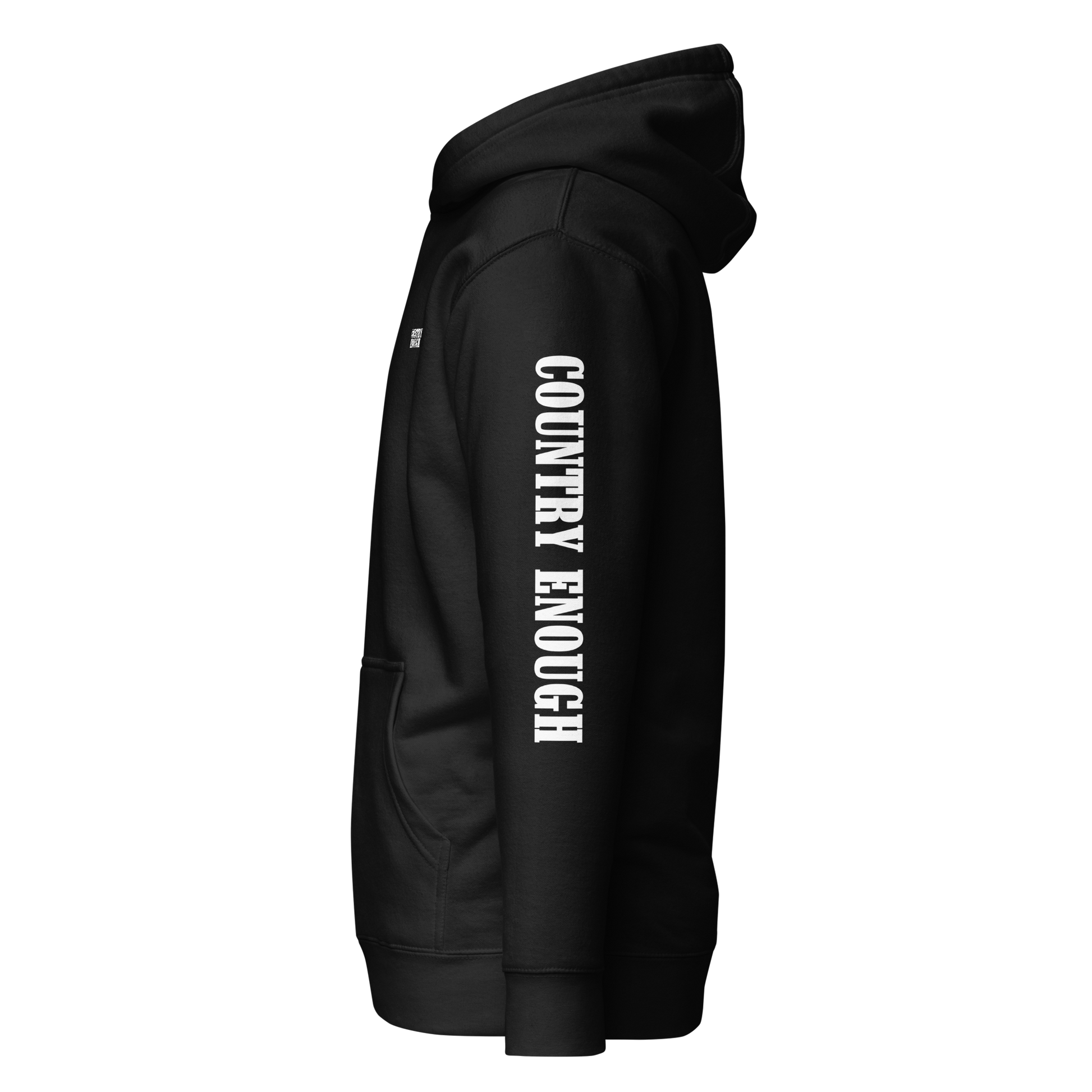 Black hoodie with graphic of the words country enough #black
