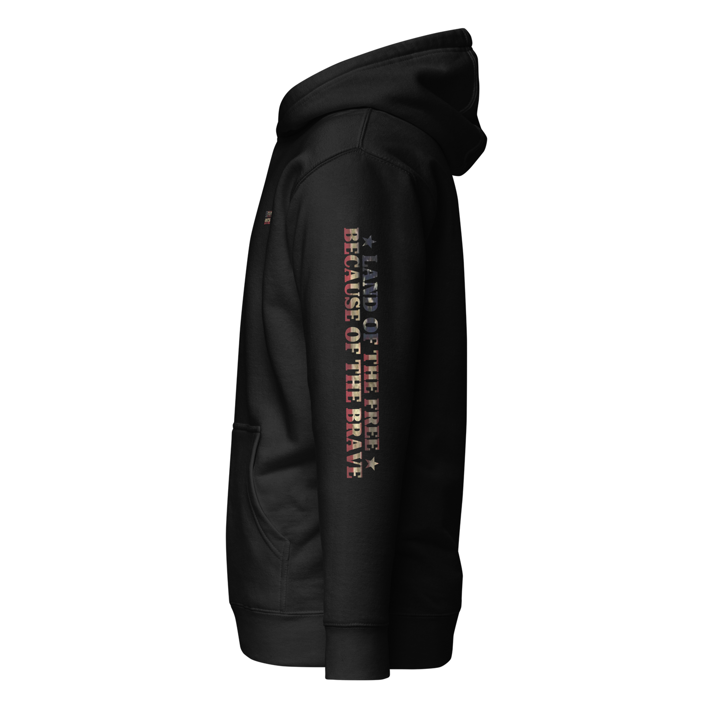 Black hoodie with words LAND OF THE FREE BECAUSE OF THE BRAVE down the sleeve #black