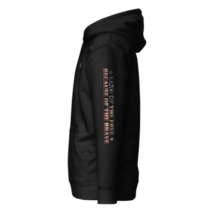 Black hoodie with words LAND OF THE FREE BECAUSE OF THE BRAVE down the sleeve #black