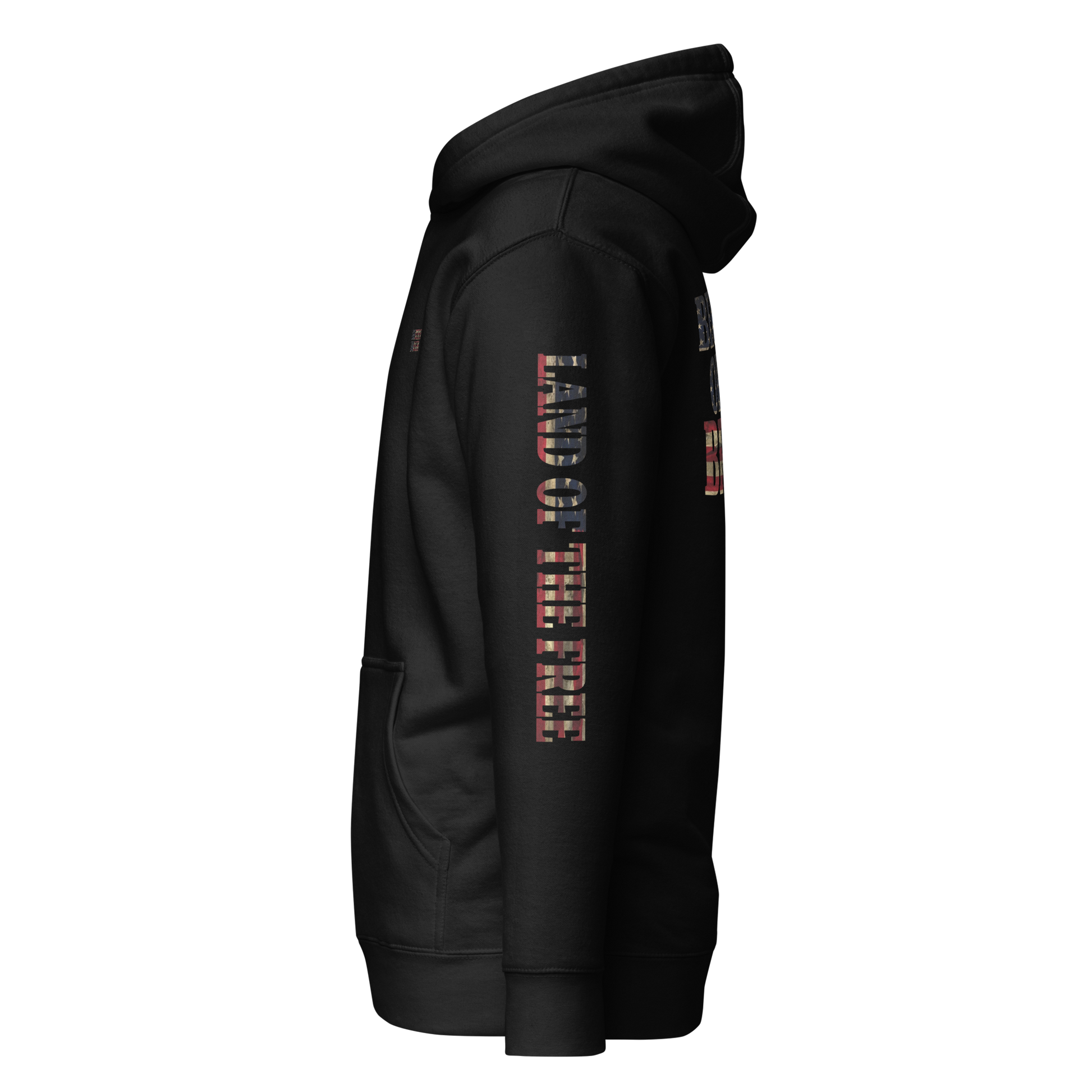 Black hoodie with American flag fille words because of the brave on the back and land of the free on the sleeve #black