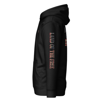 Black hoodie with American flag fille words because of the brave on the back and land of the free on the sleeve #black