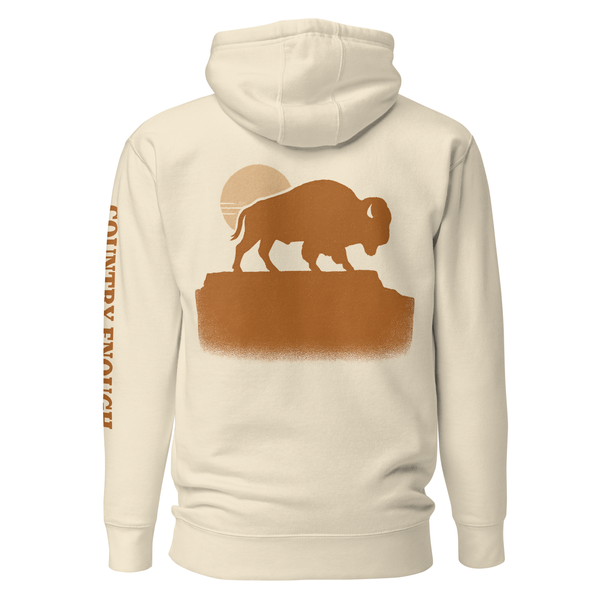 Bone hoodie with graphic of bison atop a plateau, the sun behind, and the words country enough #bone