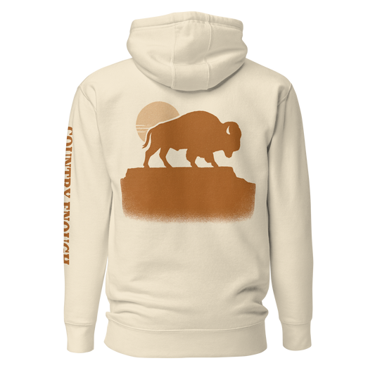 Bone hoodie with graphic of bison atop a plateau, the sun behind, and the words country enough #bone