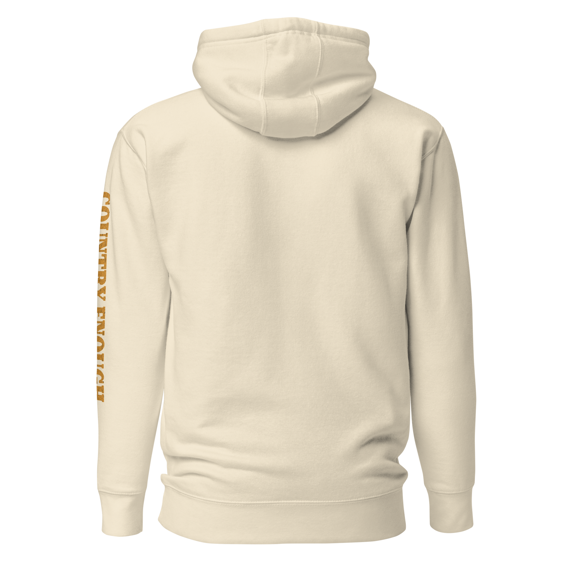 Cream hoodie with circular graphic of a bison, starry sky, and the words country enough and hold the range #cream