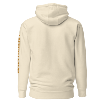 Cream hoodie with circular graphic of a bison, starry sky, and the words country enough and hold the range #cream