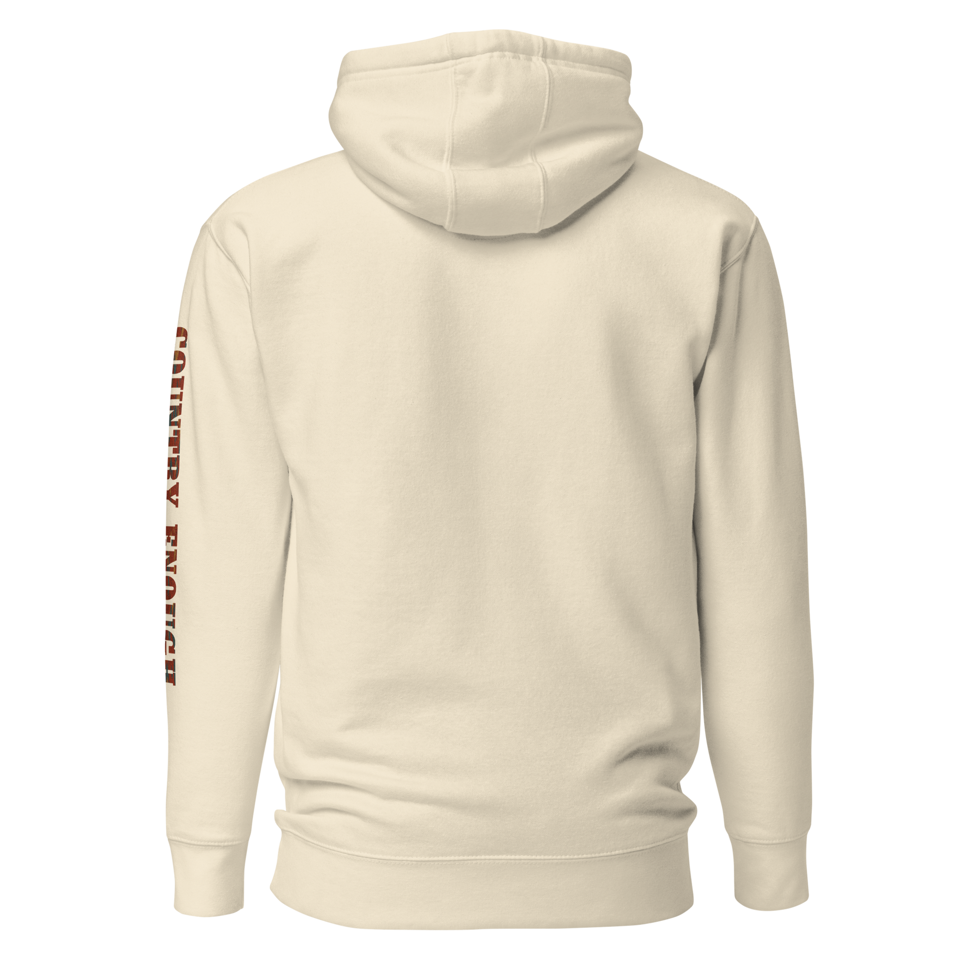 Cream hoodie with graphic of aztec patter, bull skull, and the words country enough #cream
