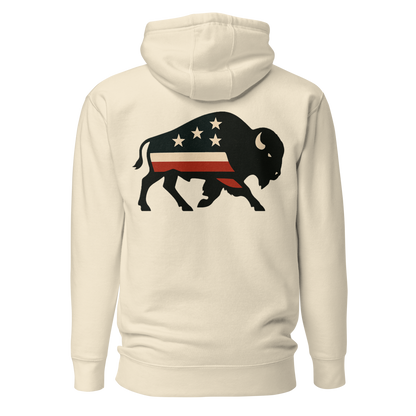 Cream hoodie with graphic of American flag filled bison #cream