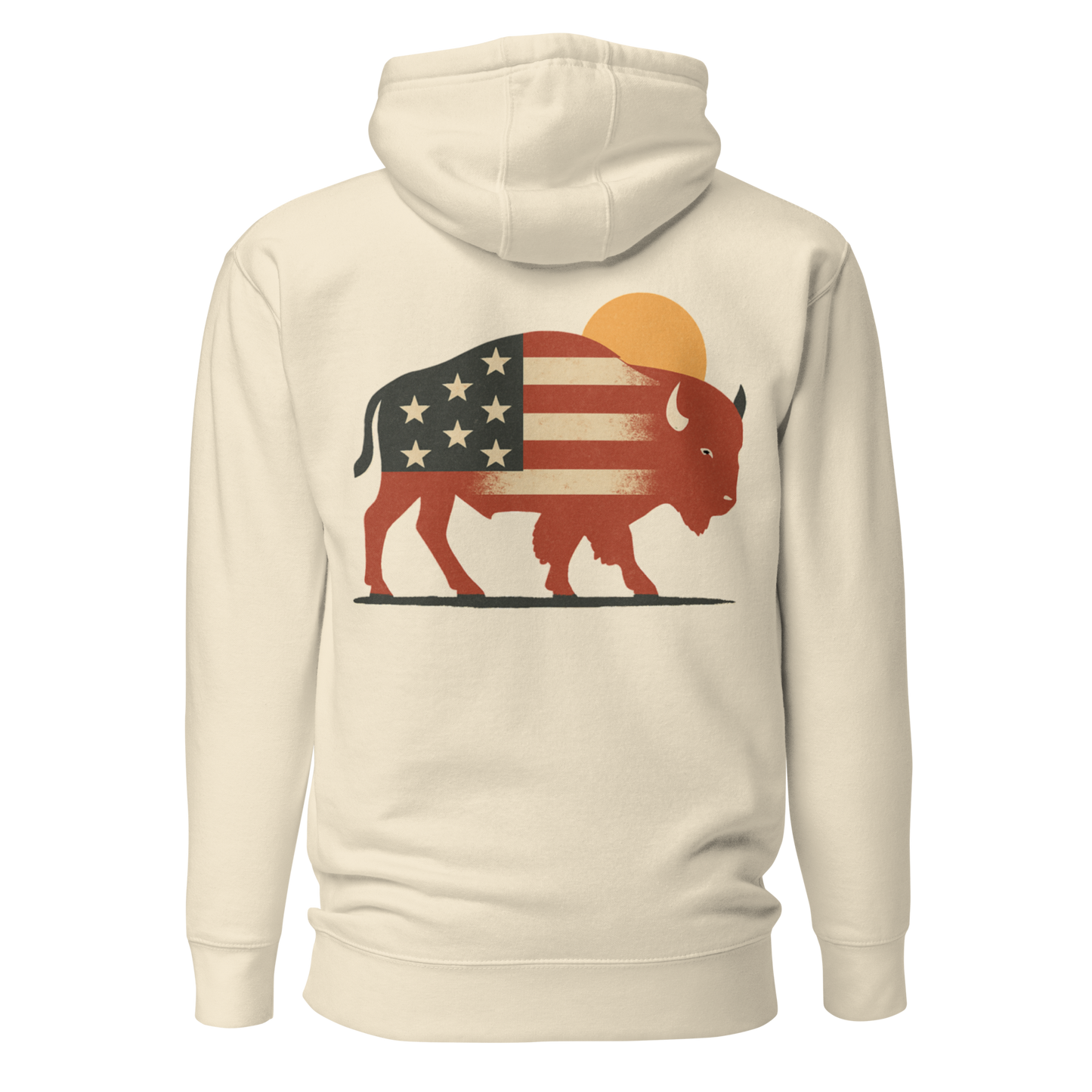 Cream hoodie with graphic of American flag filled bison and sun #cream