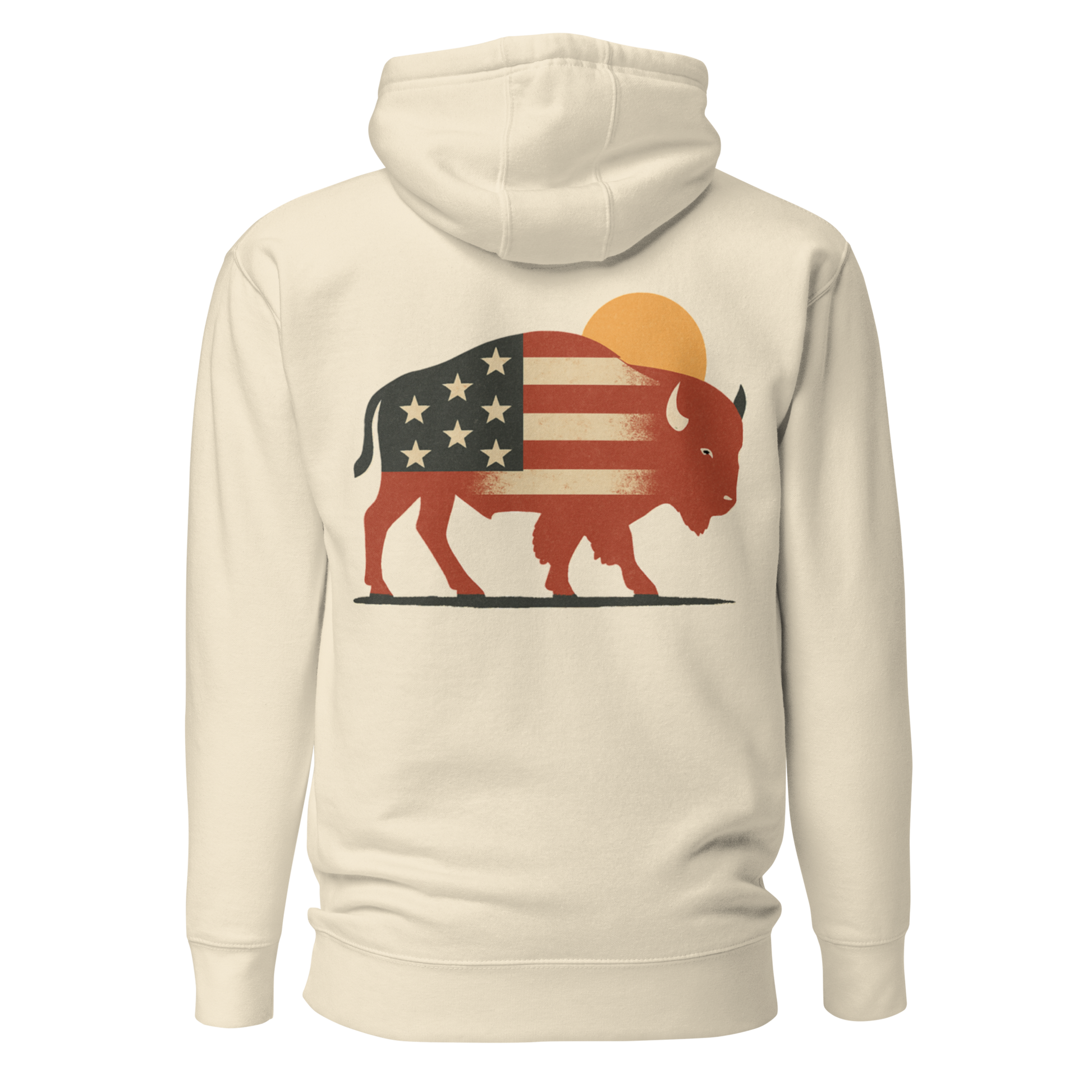 Cream hoodie with graphic of American flag filled bison and sun #cream