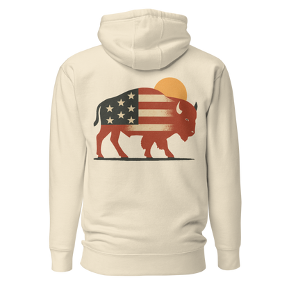 Cream hoodie with graphic of American flag filled bison and sun #cream
