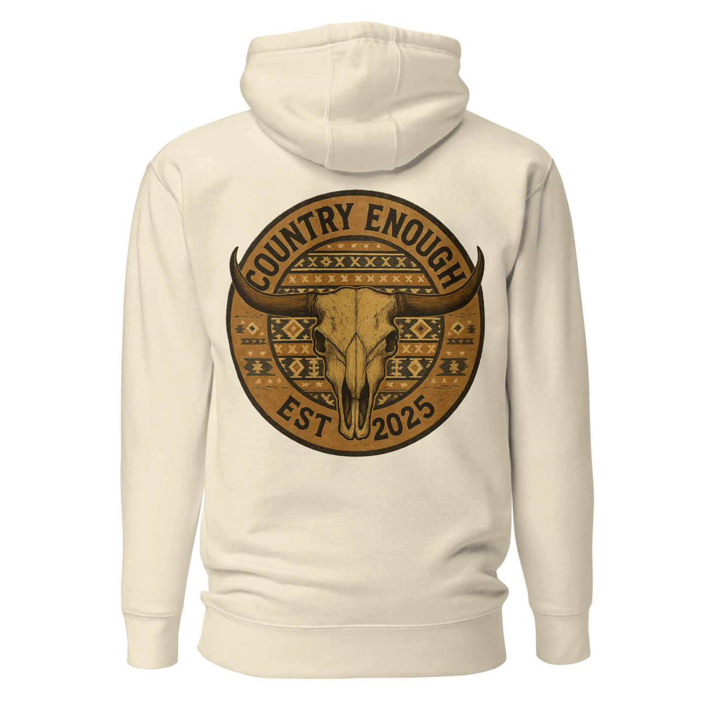 Cream hoodie with western style graphic featuring longhorn skull and aztec print #cream
