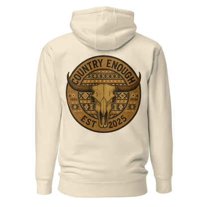 Cream hoodie with western style graphic featuring longhorn skull and aztec print #cream
