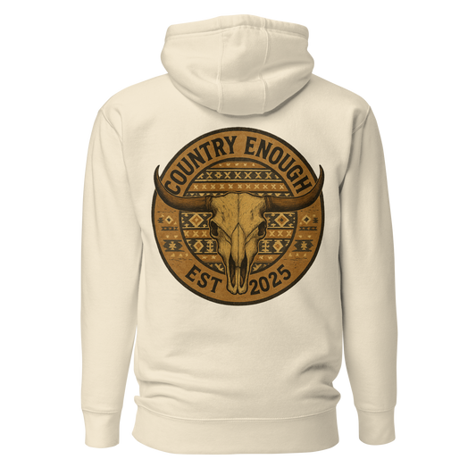 Cream hoodie with western style graphic featuring longhorn skull and aztec print #cream