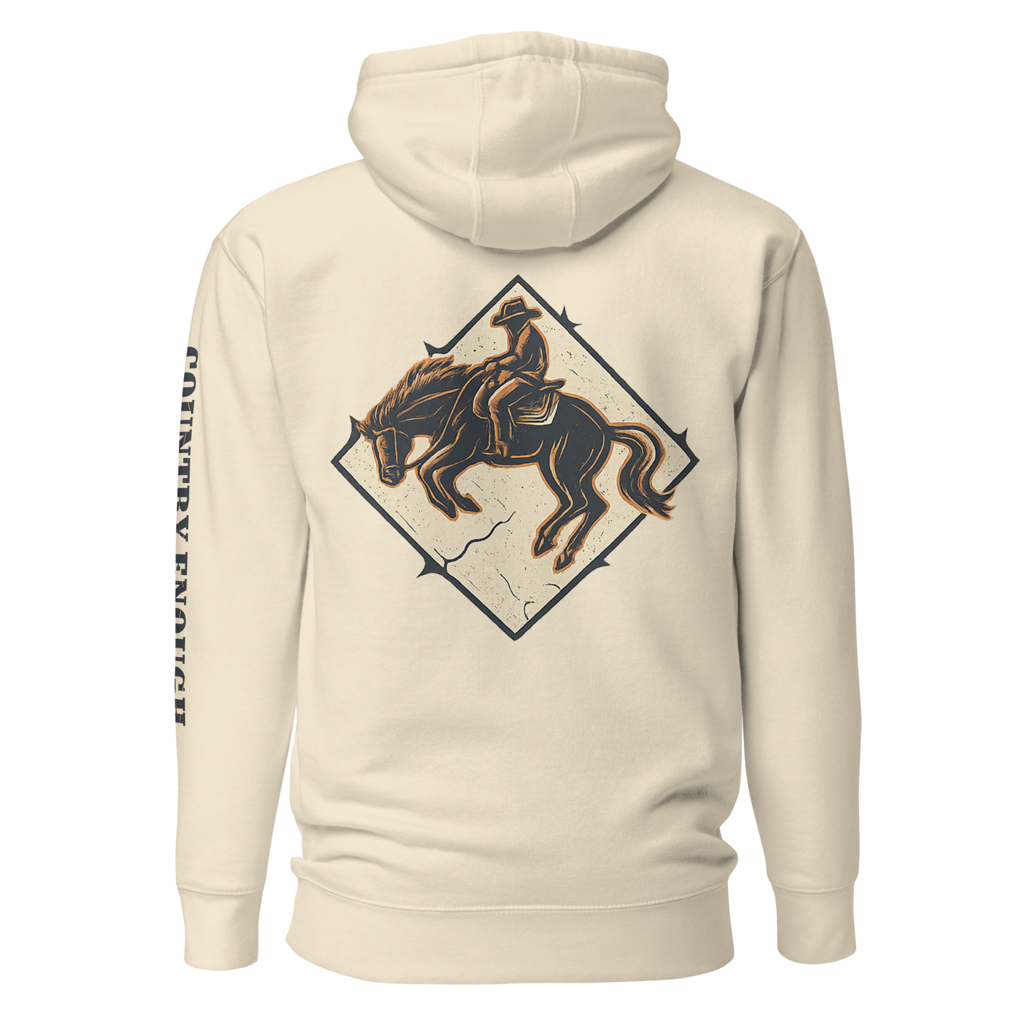 Bone hoodie with diamond shape graphic including a bucking horse and rider #bone