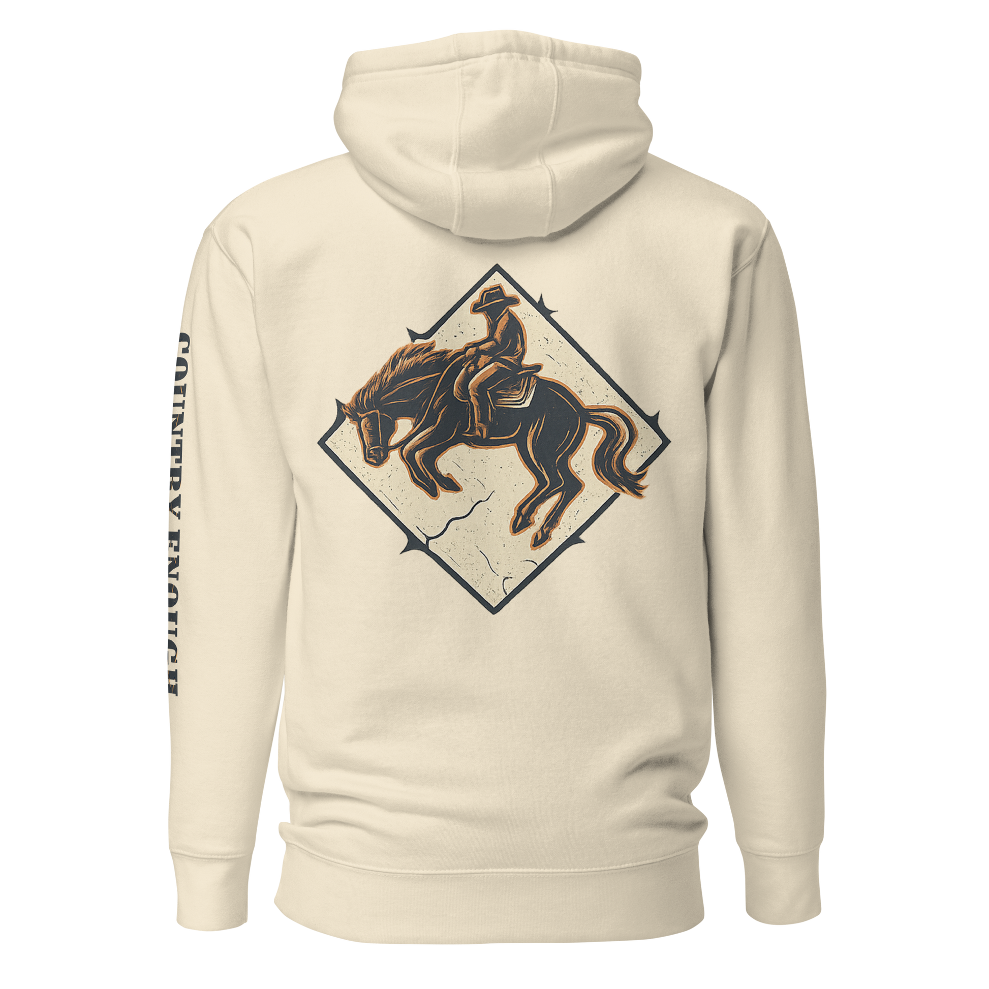 Bone hoodie with diamond shape graphic including a bucking horse and rider #bone