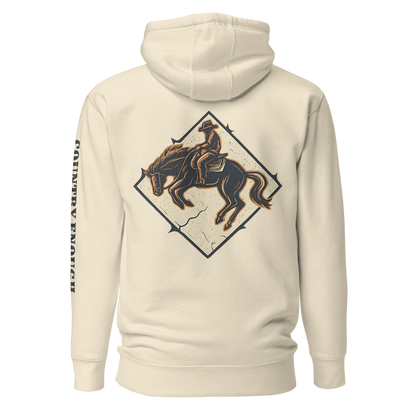 Bone hoodie with diamond shape graphic including a bucking horse and rider #bone