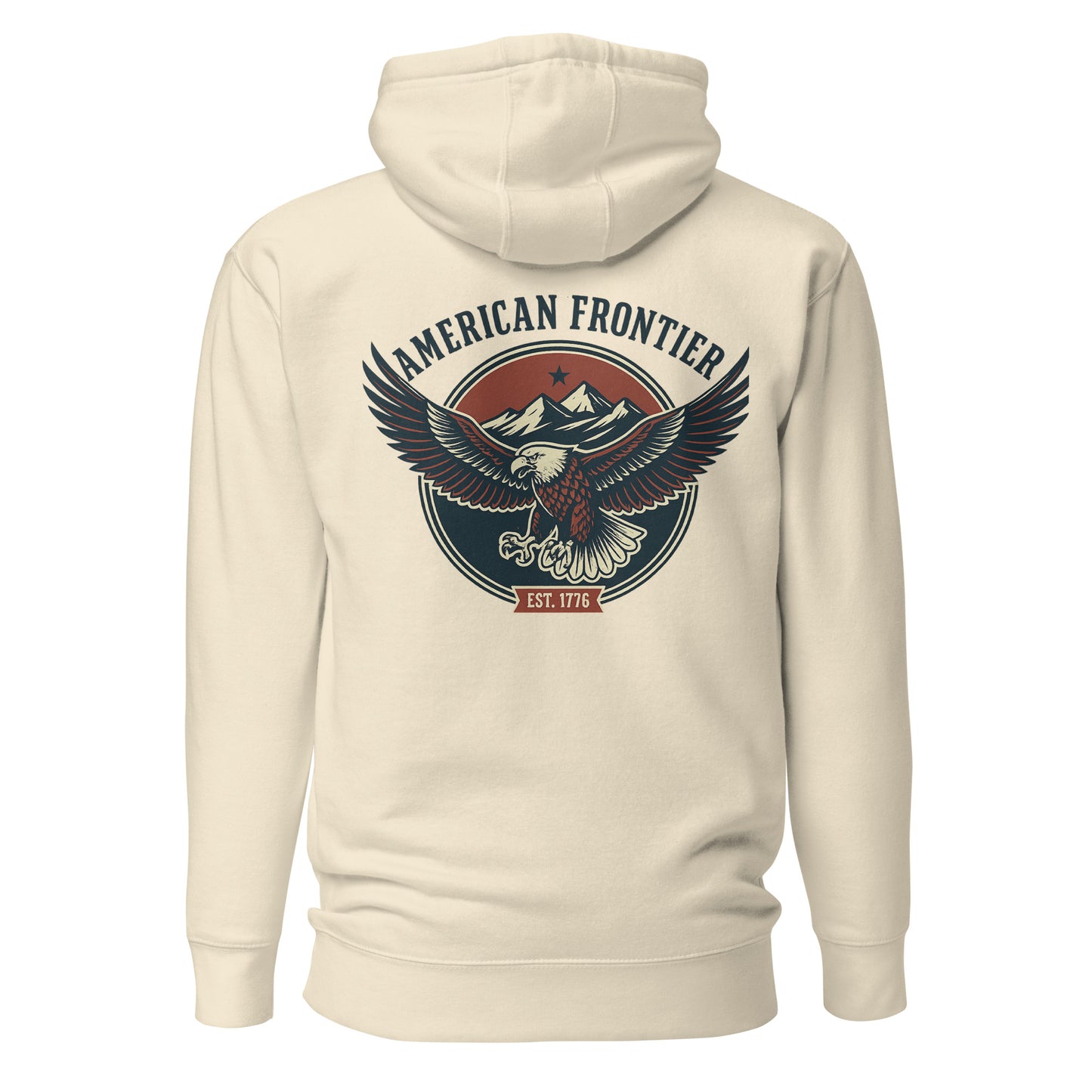 Bone hoodie with an eagle and mountains in red, white, and blue with words American Frontier EST 1776 #bone