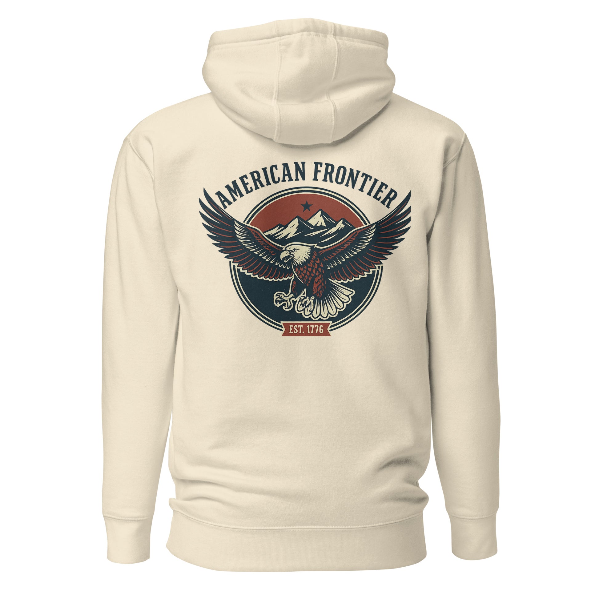 Bone hoodie with an eagle and mountains in red, white, and blue with words American Frontier EST 1776 #bone