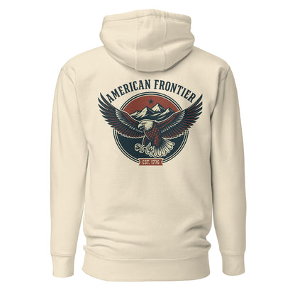 Bone hoodie with an eagle and mountains in red, white, and blue with words American Frontier EST 1776 #bone