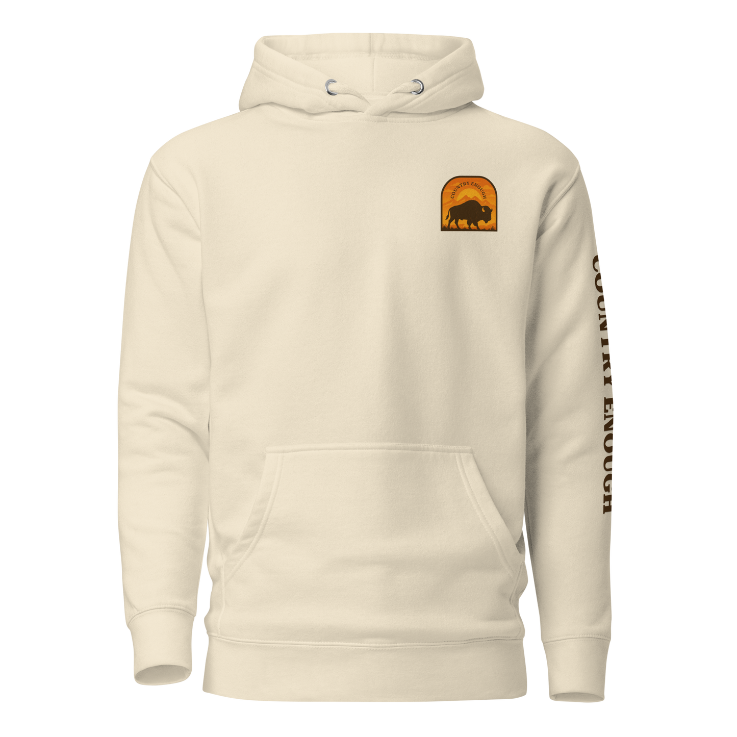 Bone hoodie with a chest logo that includes a based, sunset, mountains, and the words country enough #bone