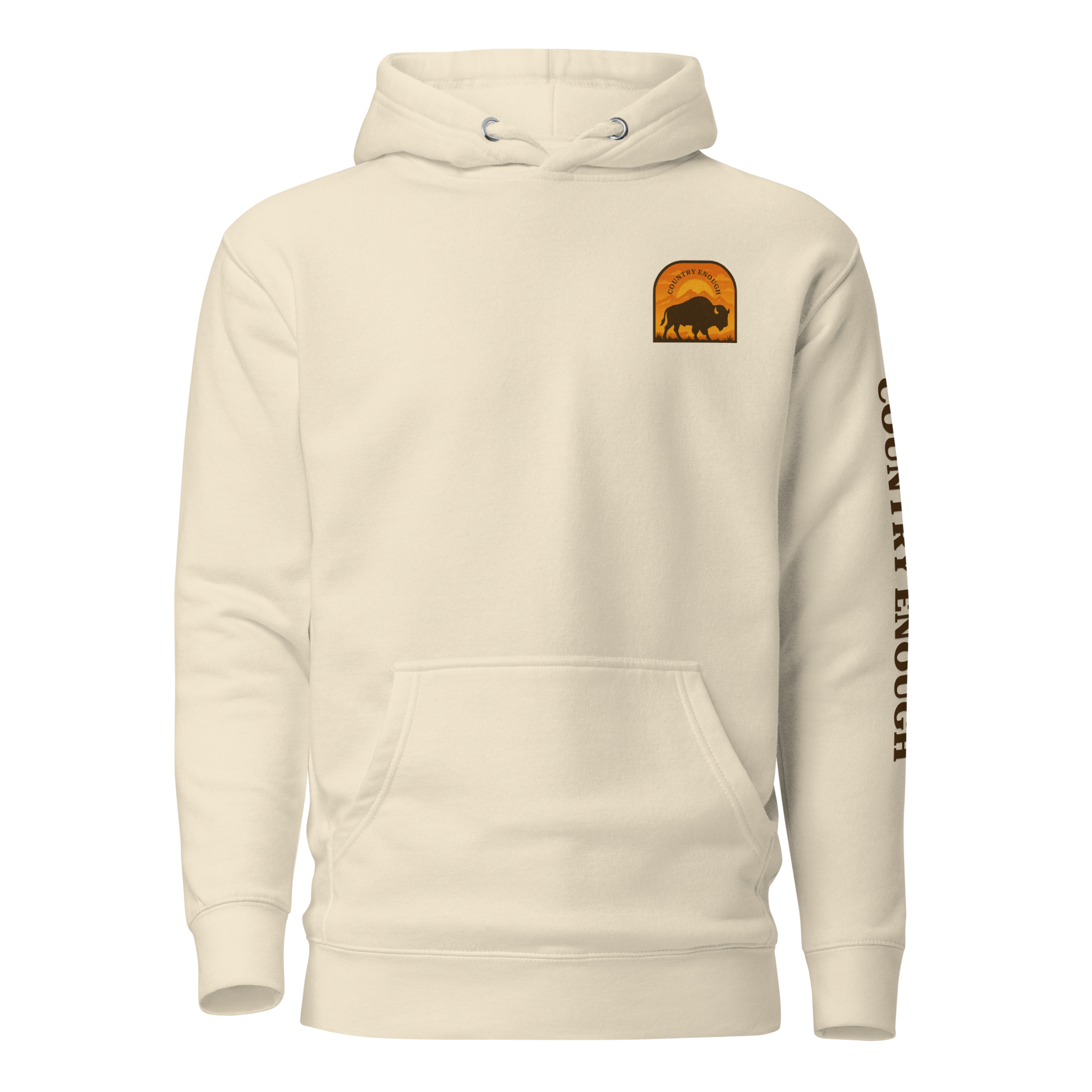 Bone hoodie with a chest logo that includes a based, sunset, mountains, and the words country enough #bone