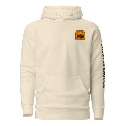 Bone hoodie with a chest logo that includes a based, sunset, mountains, and the words country enough #bone