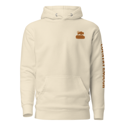 Bone hoodie with graphic of bison atop a plateau, the sun behind, and the words country enough #bone