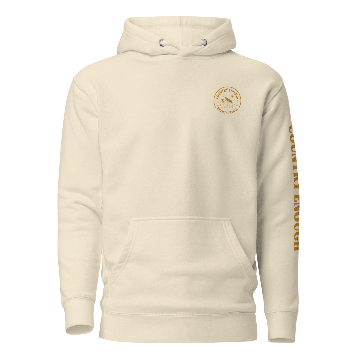 Cream hoodie with circular graphic of a bison, starry sky, and the words country enough and hold the range #cream