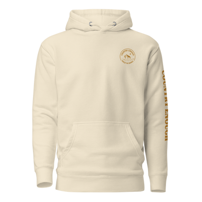Cream hoodie with circular graphic of a bison, starry sky, and the words country enough and hold the range #cream