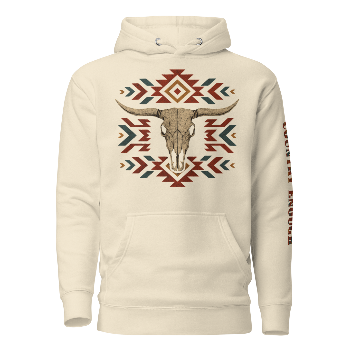 Cream hoodie with graphic of aztec patter, bull skull, and the words country enough #cream