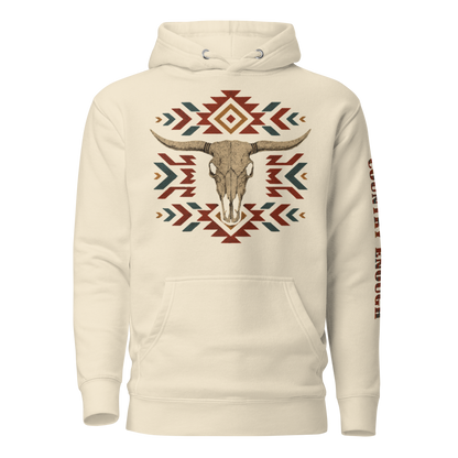 Cream hoodie with graphic of aztec patter, bull skull, and the words country enough #cream