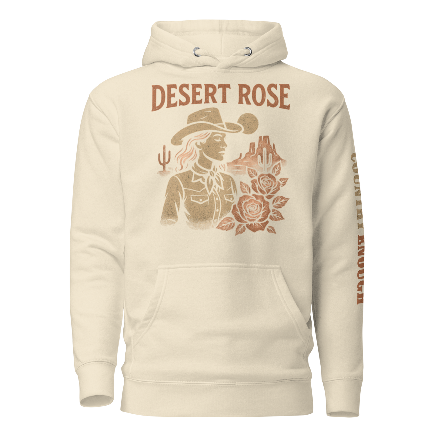 Cream hoodie with graphic of cowgirl, roses, sun, and desert landscape #cream