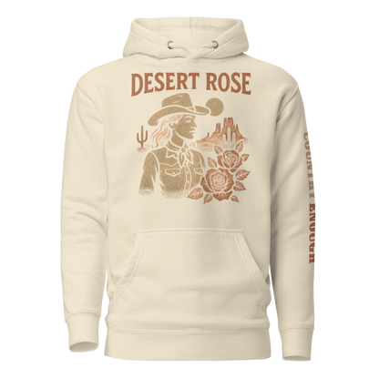Cream hoodie with graphic of cowgirl, roses, sun, and desert landscape #cream