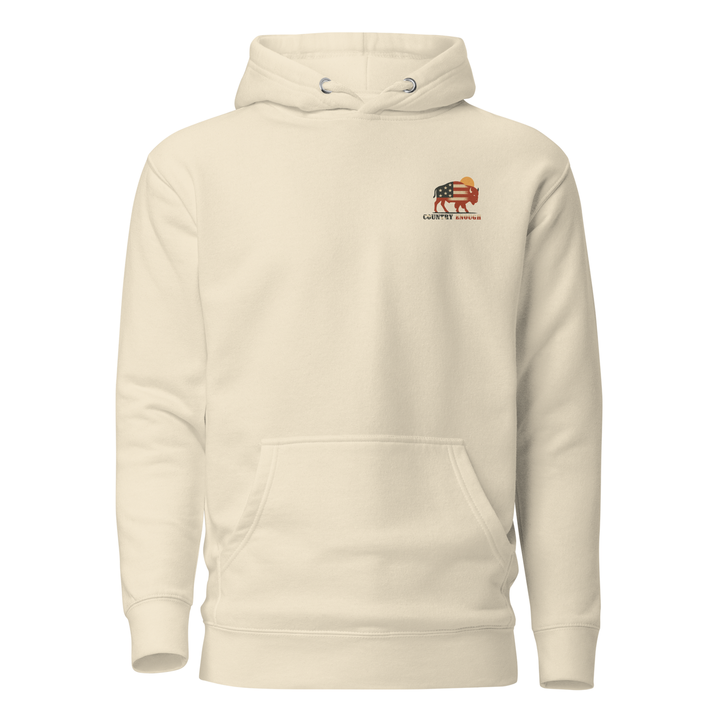 Cream hoodie with graphic of American flag filled bison and sun #cream