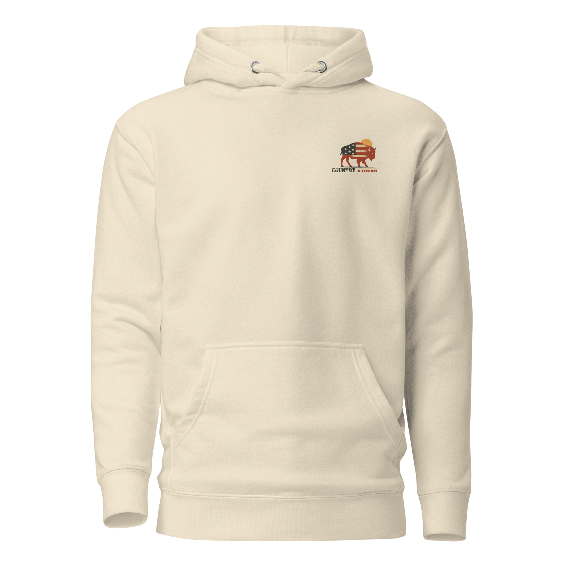 Cream hoodie with graphic of American flag filled bison and sun #cream