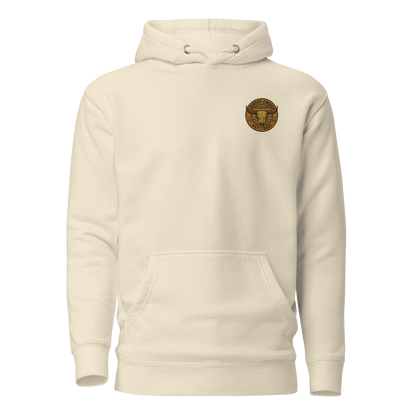 Cream hoodie with western style graphic featuring longhorn skull and aztec print #cream