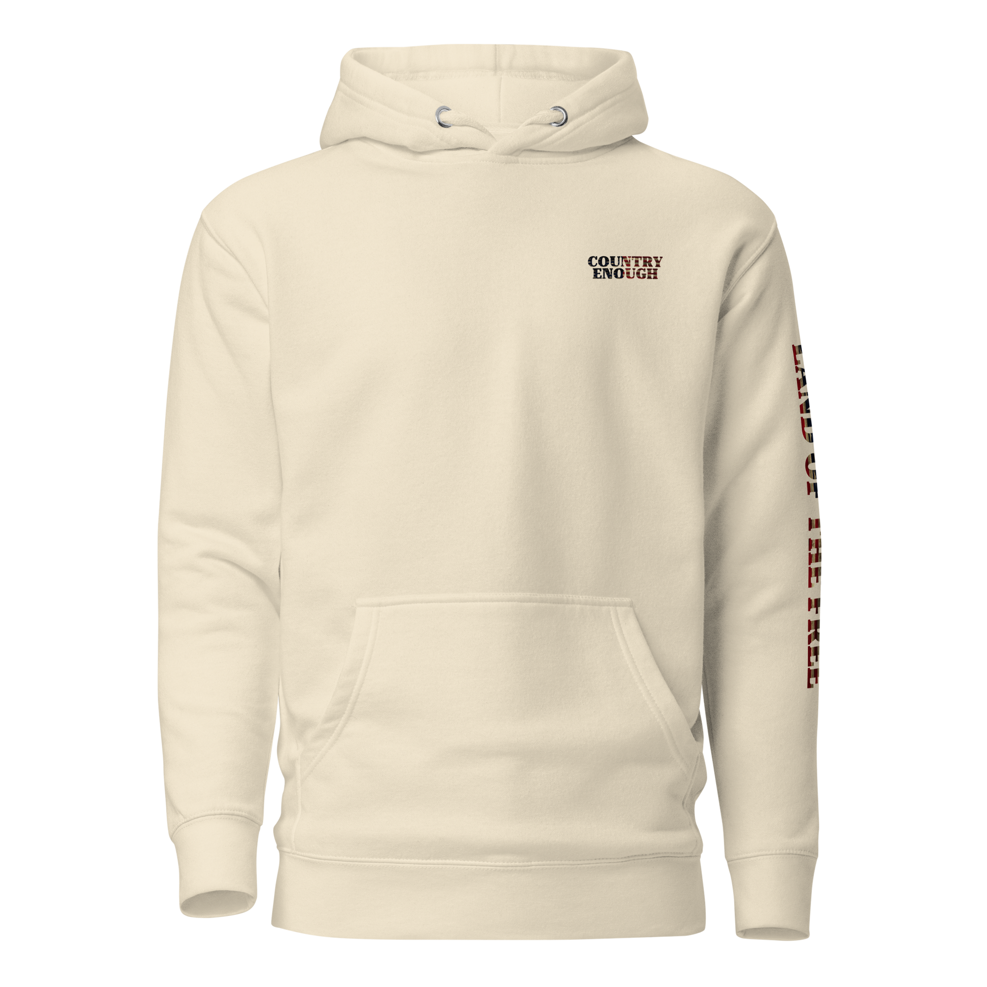 Bone hoodie with American flag fille words because of the brave on the back and land of the free on the sleeve #bone