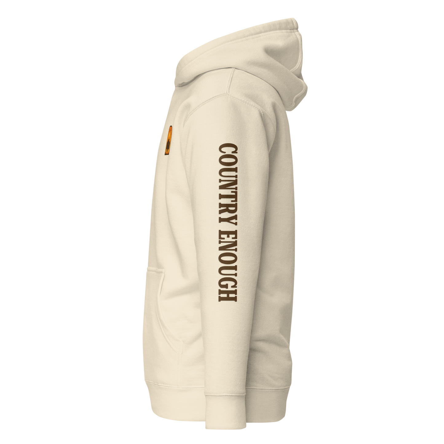 Bone hoodie with a chest logo that includes a based, sunset, mountains, and the words country enough #bone