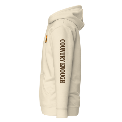 Bone hoodie with a chest logo that includes a based, sunset, mountains, and the words country enough #bone