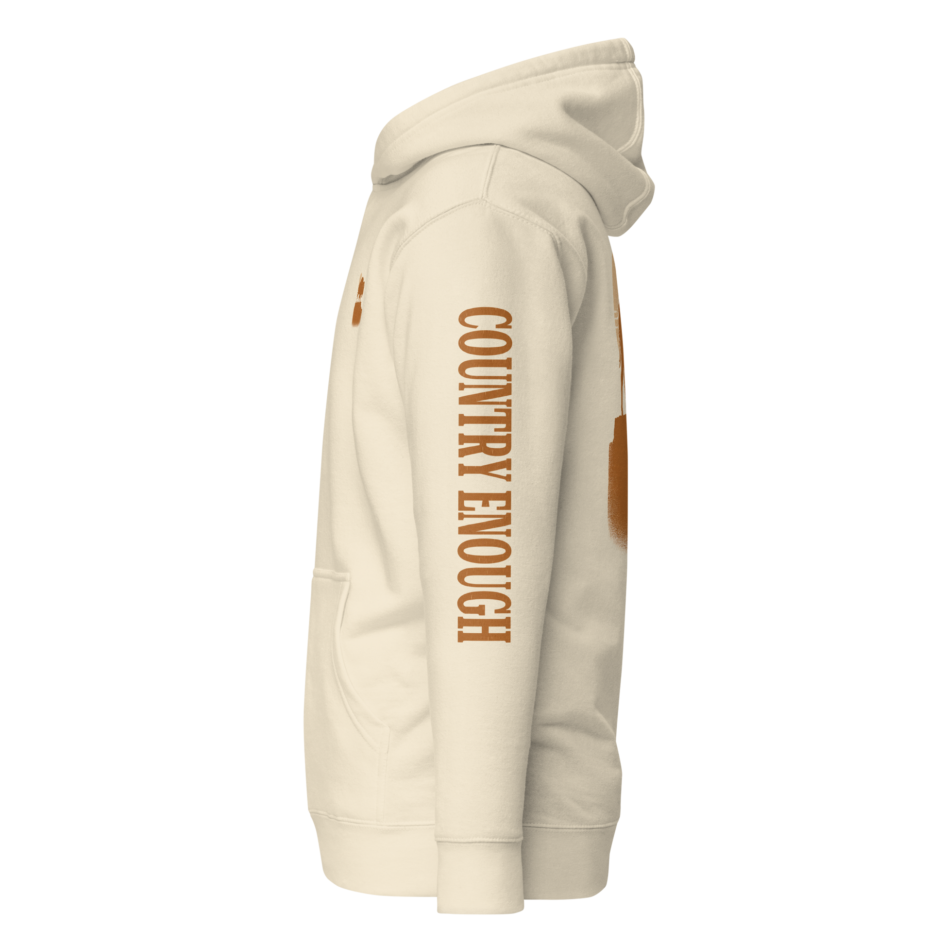 Bone hoodie with graphic of bison atop a plateau, the sun behind, and the words country enough #bone