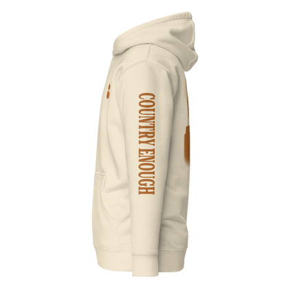 Bone hoodie with graphic of bison atop a plateau, the sun behind, and the words country enough #bone